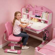 Kids Desk & Chair Set With Bookshelf - Adjustable Height, Fun Animal Prints, Easy Assembly For Ages 3-12 - Pink - View 4