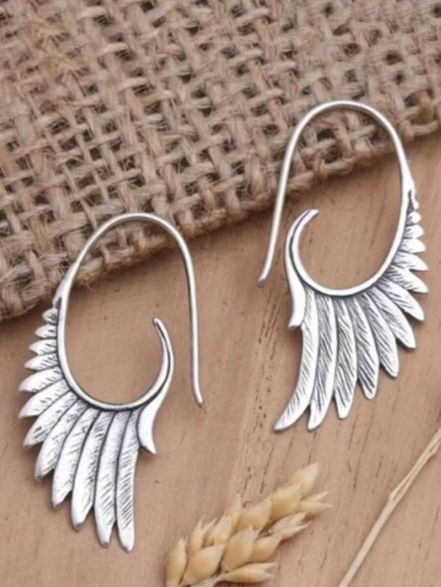 一对复古创意时尚羽毛设计耳环，适合女性日常休闲佩戴，简约个性化珠宝礼品 - 復古銀色 - 查看 1