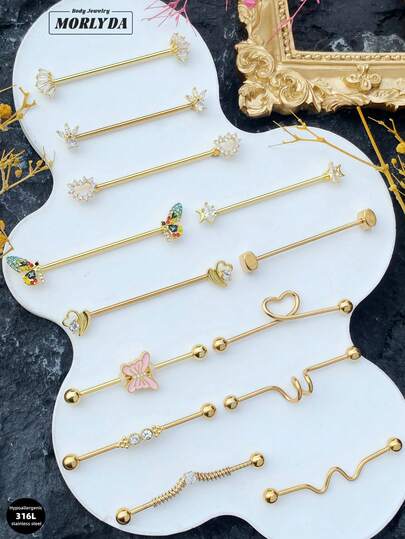 3pcs/Set Cute Golden Yellow Industrial Earring Butterfly Industrial Piercing Jewelry Stainless Steel Heart Industrial Earrings For Women Men Wing Industrial Bar Piercing Cartilage Helix Piercing Earrings Flower Rabbit Industrial Barbell Body Piercing Jewelry 38mm 1&1/2 Inch Industrial Piercing Bar For Valentine Gift Valentine's Day Party Daily Wear Night Out Social Gatherings Daily Wear