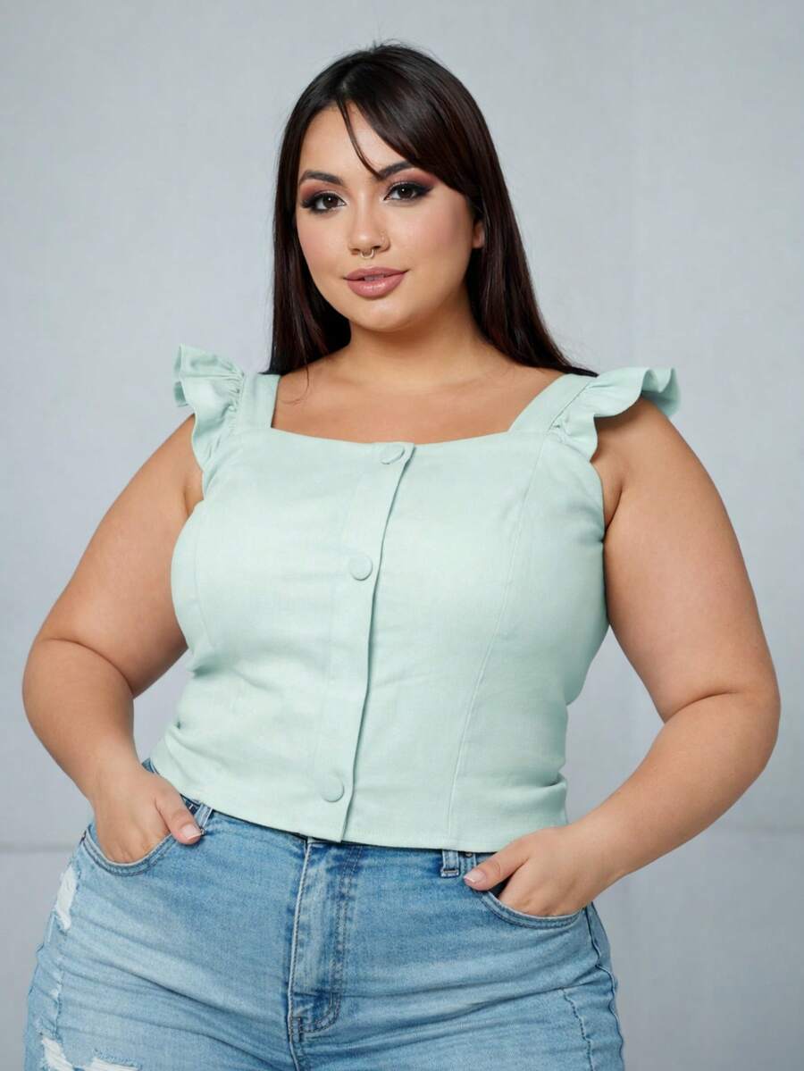 Women's Summer Plus Size Cropped Blouse With Ruffled Sleeves, Button Detail, Back Zipper, Curve Look, Sizes 44 To 54 - verde menta - Ver 1