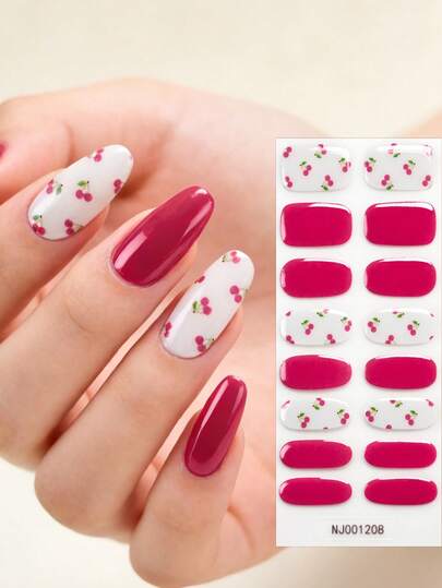 1 Sheet Cute RosePink Cherry Pattern Gel Nail Strips - Spring Waterproof & Long Lasting Nail Art Stickers, Easy Apply DIY Nail Decorations For Women & Girls, UV Lamp Required
