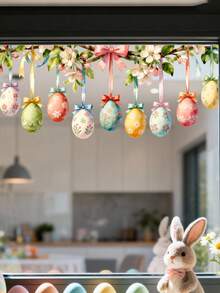 1pc Easter Bunny, Flower, Bow Tie Bunny Egg Static Cling Window Decal, 11.81x35.43 Inches, Modern Style, Disposable PVC Material - 1PC - View 5