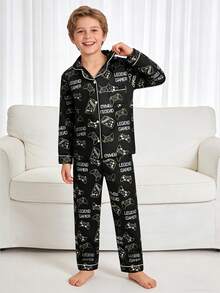 Tween Boy 2pcs Video Game Pattern Long Sleeve Top & Long Pants Pajama Set, Black - Multicolor - View 9