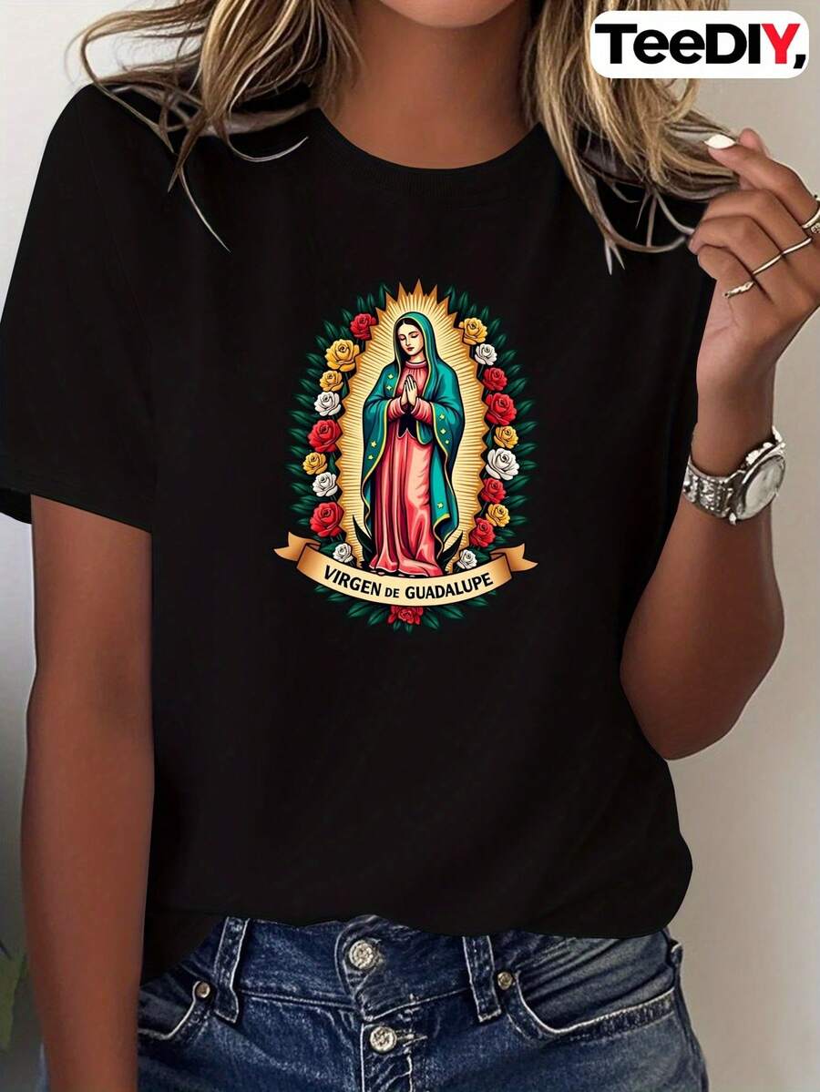Camiseta religiosa de la Virgen de Guadalupe para mujer, blusa católica con rosas florales, cómoda y transpirable, manga corta, diseño icónico, ropa espiritual inspirada en la fe, ideal para celebraciones de herencia mexicana y latina - Oscuro - Ver 1