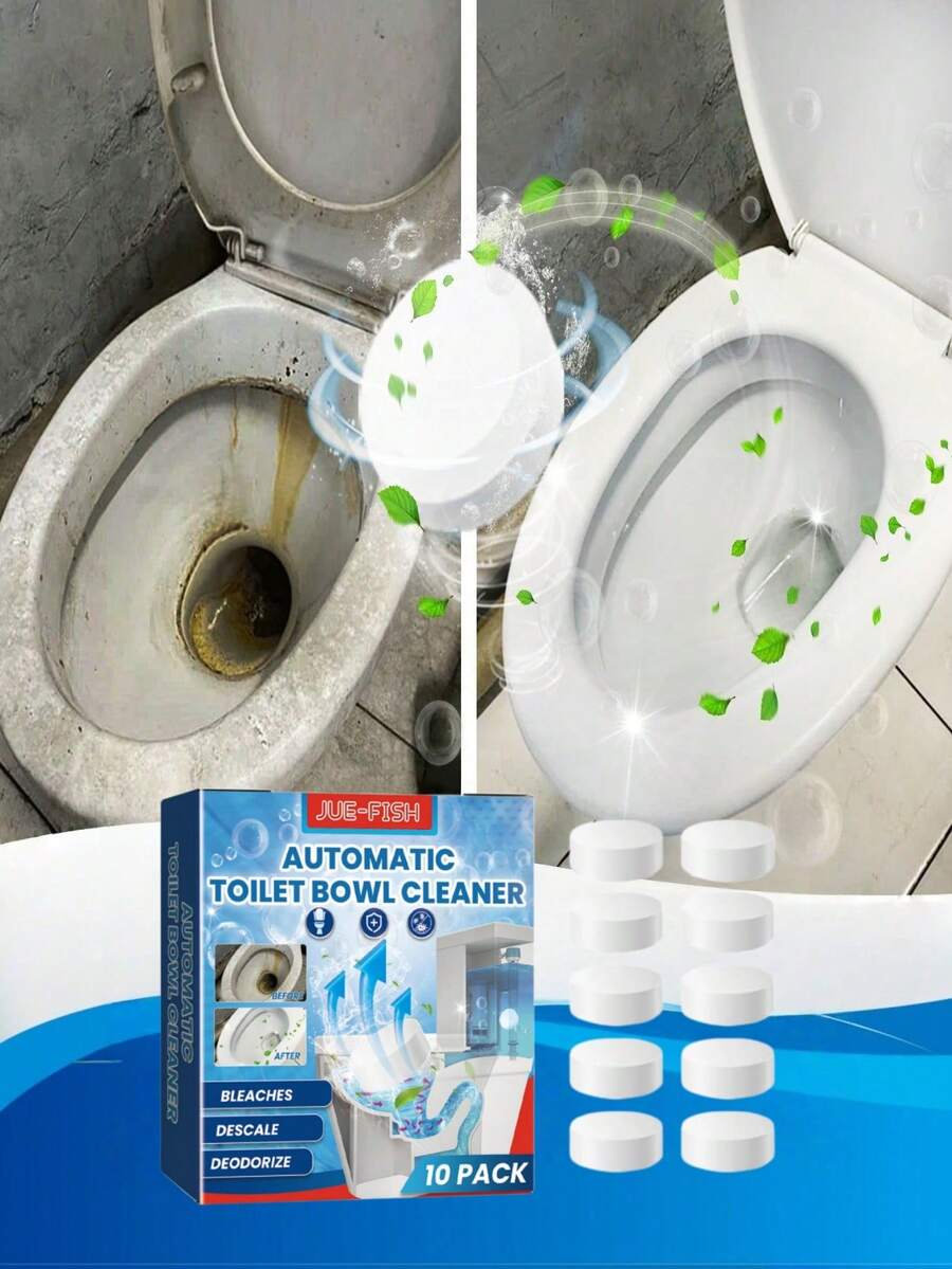 JUE FISH 10 Peças/30 Peças Comprimidos Efervescentes para Limpeza de Banheiro, Limpador de Banheiro, Desodorizante, Removedor de Manchas, Aromatizante de Longa Duração. Para melhores resultados, coloque o produto no vaso sanitário e deixe de molho por 30 minutos, depois use com uma escova de banheiro. Mantém a frescura por até 12 horas. - Estado sólido - Visão 1