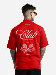 DMUNIZ Streetwear Oversized T-Shirt, High Neck, Tennis Club, New Release, 100% Cotton - 紅色 - 查看 1