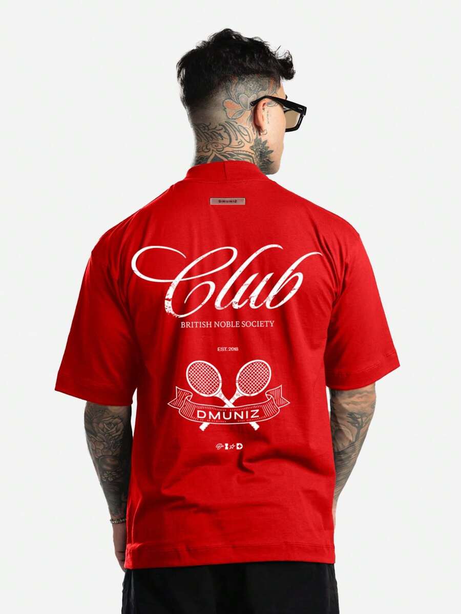 DMUNIZ Streetwear Oversized T-Shirt, High Neck, Tennis Club, New Release, 100% Cotton - 紅色 - 查看 1