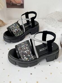 Rainbow Woven Platform Sandals​ With Adjustable Ankle Strap - Black - View 7