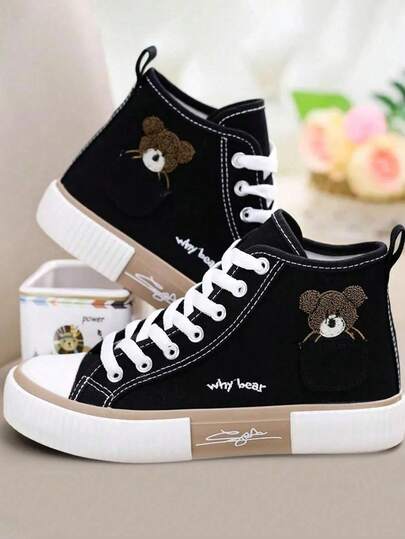 Zapatillas de Lona para Mujer con Cordones Suela Gruesa con Aumento de Altura Diseño de Oso Teddy Transpirables Cómodas Ligeras de Moda Versátiles Adecuadas para las Cuatro Estaciones