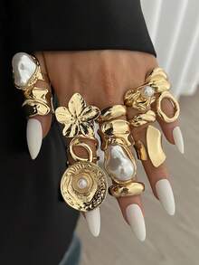 14/7/3pcs Vintage Elegant Exaggerated Coin-Inspired Women Metal Rings, Containing Floral, Asymmetric, Pearl, Pleated, Wide, Hollow, Asymmetrical Geometric Multi-Elements Open Design, Suitable For Daily, Party, Wedding, Holiday Wear, Gift - Gold - View 3