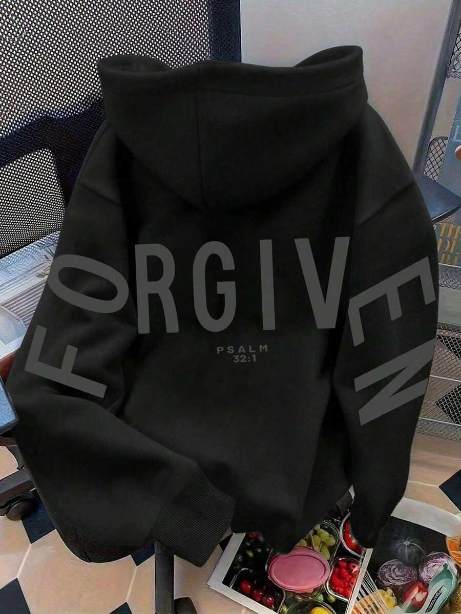 FORGIVEN PSALM 聖經基督耶穌禱告圖案舒適休閒衛衣,秋冬女款,長袖口袋微落肩黑色 - 黑色 - 查看 1