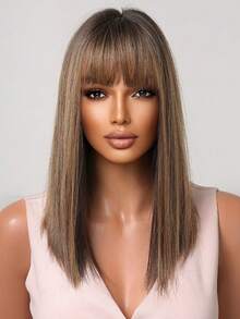 1pc Sassy Viscose Straight Wig With Bangs, 26 Inch High Density Heat Resistant Synthetic Hair, Natural Look Button Net Cap For Women, Ideal For Daily & Party Wear - Brown Ombre - View 5