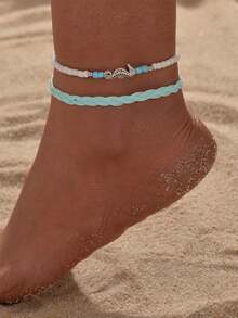 Set de 2 tobilleras de estilo bohemio para mujer, hechas de cuerdas con cuentas y diseño tejido de caballito de mar - Calcetín - Ver 4
