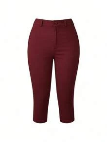 Apperloth A Apperloth 女士轻盈七分裤，优雅黑色短裙裤，弹力开衩裤脚，修身打底裤，七分裤，紧身裤，纽扣拉链设计，适合夏秋季休闲、外出和约会穿着 - 酒紅色 - 查看 4