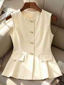 女士优雅针织背心 - 米色，圆领，蝴蝶结纽扣装饰，荷叶边下摆，修身版型，高弹力 - 杏色 - 查看 2