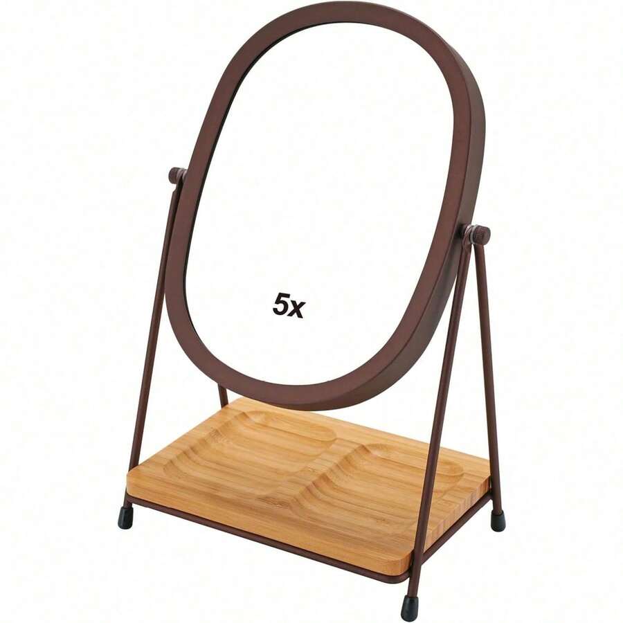 Tabletop 5x/1x Magnifying Makeup Mirror With Squared Bamboo Tray Small Desk Mirror 360° Rotation Vanity Mirror With Stand Desktop Cosmetic Mirror - Bronze With Bamboo Tray - View 1