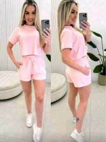 Cropped Top And Sweat Shorts Set, Comfortable Fit And Casual Style. - 淺粉色 - 查看 2