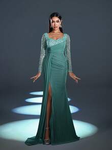 Faeriesty Đầm dạ hội nữ trang trọng, cổ đính kim cương, thiết kế bất đối xứng, xẻ cao, đầm nhung ôm dáng thanh lịch, thích hợp cho tiệc kỷ niệm, sự kiện sang trọng, tiệc lớn, thảm đỏ, lễ đón năm mới. - Màu xanh Bạc hà - Xem 9