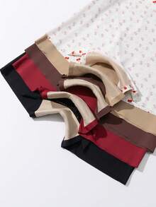 5条装女士无缝纯色及樱桃印花休闲简约运动瑜伽内裤，弹性透气柔软 - 彩色 - 查看 5