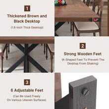 ​​94/78 Inch Rectangle Kitchen Farmhouse Table For 8-10 People W/ Thick Waterproof Wood Tabletop & Wood Strip Base For Kitchen/Dining/Living Room​​ - 棕色和黑色 - 查看 5