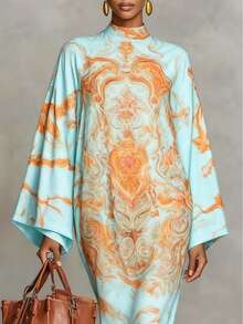Đầm dài Kaftan thanh lịch dành cho nữ, kiểu Bohemian cổ đứng với vạt bất đối xứng, thích hợp cho mùa xuân. - Nhiều màu - Xem 3