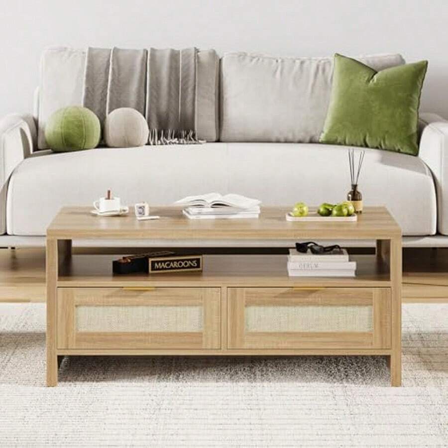 Mesa de centro de madera estilo rústico con 2 cajones y estante - 100 cm, tablero grueso y detalles de ratán - Mesa de salón con espacio para TV, consola multimedia para una sala de estar moderna - Marrón - Ver 1