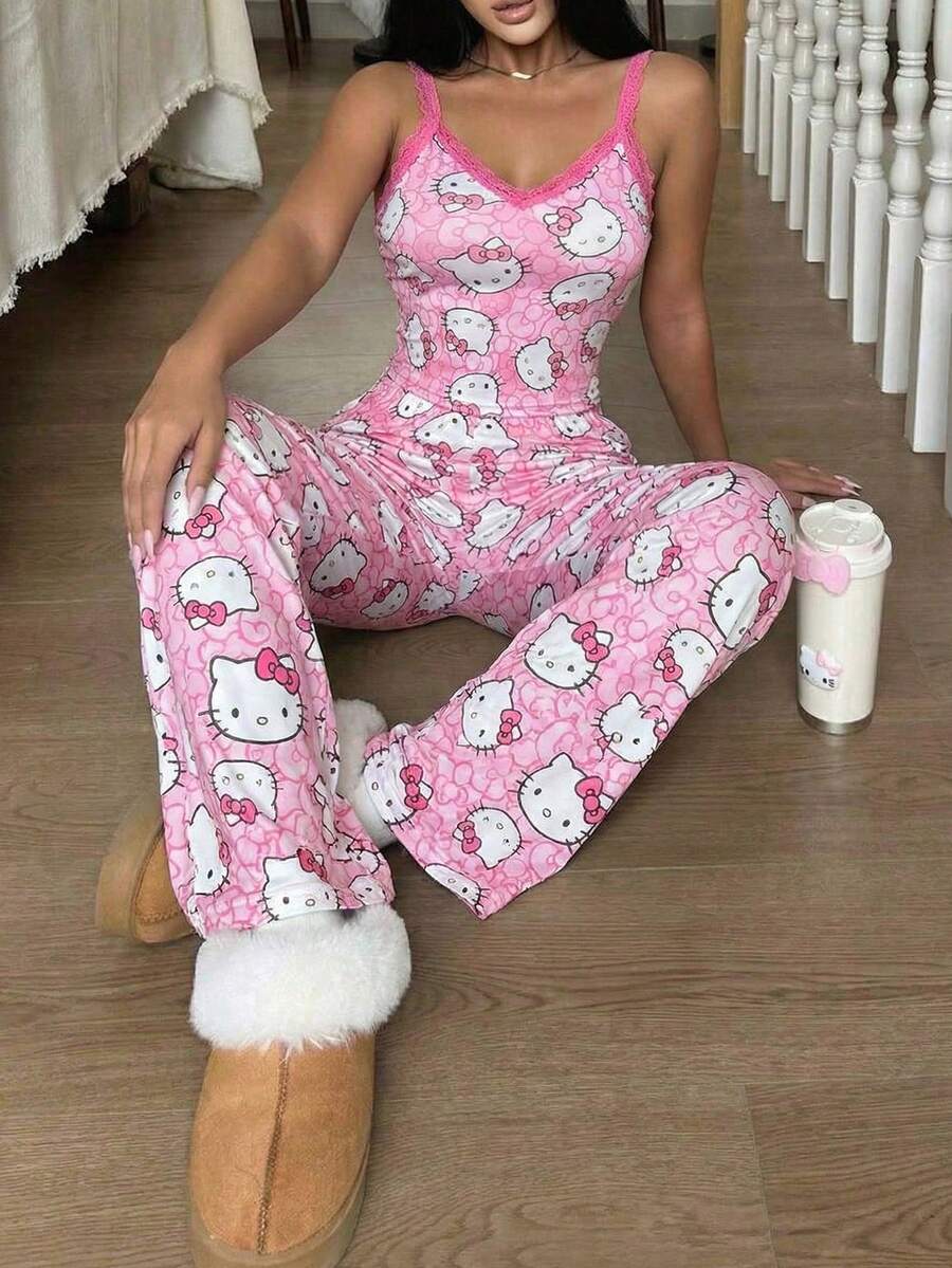SANRIO 两件套 Hello Kitty 图案女士睡衣套装，柔软吊带背心和长裤睡衣，可爱舒适的家居服 - 粉色 - 查看 1
