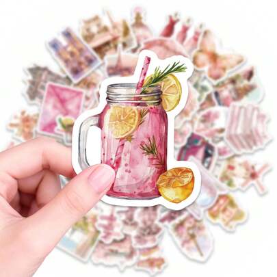 50张粉色系水彩风格贴纸，适用于日记、剪贴簿和DIY手工——柔和色调的装饰贴纸，可用于笔记本电脑、水瓶、笔记本和子弹笔记——是青少年、年轻人、创意人士和业余爱好者个性化规划本、文具和日常用品的理想之选——充满奇思妙想的饮品、建筑和花卉图案，也可用于剪贴簿页面、礼品包装和派对装饰。