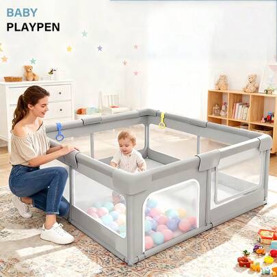 Laufgitter für Babys und Kleinkinder, geeignet für drinnen und draußen. Es kann als Aktivitätszentrum oder Spielbereich genutzt werden und besteht aus hautfreundlichem Stoff und weichem, atmungsaktivem Netzgewebe. Grau.