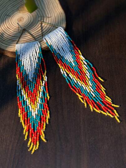 AHAYA Handmade Woven Colorful Ombre Glass Bead Tassel Earrings, Bohemian Style Seed Bead Jewelry, Creative Design, Lightweight Luxury Daily Accessory, Versatile Gift For Friends