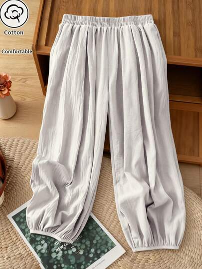 Damen Sommer leichte Leinen einfarbige Laternenhose, lose, lässige, vielseitige Culotte Haremshose