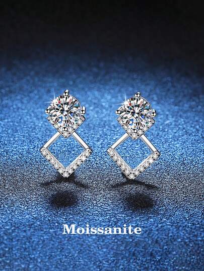 BLOVEMEE 2pcs Luxury 925 Sterling Silver 1Carat X 2 Moissanite Stud Earrings, Suitable For Women's Daily Wear, Party, Vacation, Ideal Gift For Women On Valentine's Day, Mother's Day, Wedding Anniversary, Birthday