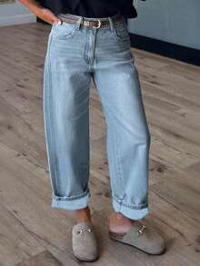 Women's Casual Loose Straight Leg Jeans With Button And Pockets, Comfortable Wide-Leg Denim Pants For All Seasons, Perfect For Daily Wear, Home, And Office - 淺色水洗藍 - 查看 3