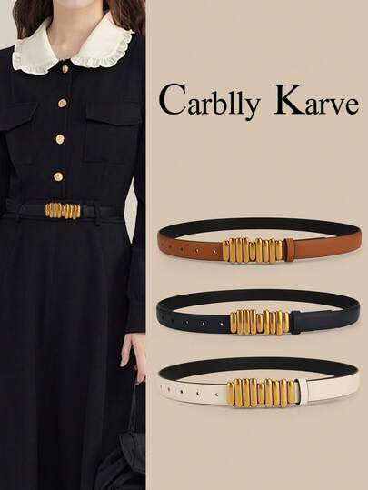CARBLLY KARVE 1 pieza Cinturón de cuero genuino para mujer - Elegante cinturón de moda con hebilla metálica vintage, accesorio versátil para uso diario