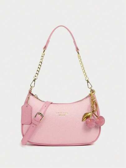 2025 New Fashion Classic Versatile Letter Graphic Design Solid Color PU Leather Crescent Shoulder/Underarm Bag, Y2K Shoulder/Underarm Bag, Suitable For Shopping, Can Be Worn Crossbody , Pink