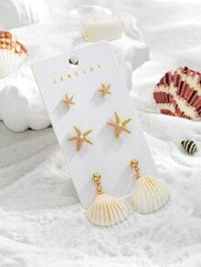 9对合金贝壳和海星耳环套装，沙滩风百搭日常佩戴及度假耳环，女士 - 彩色 - 查看 4