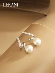 1 对 S925 纯银耳环，镶嵌珍珠和锆石，简约设计，优雅女士吊坠耳环，奢华珠宝礼物，适合送给母亲、女友、朋友、情侣、日常佩戴 - 銀色 - 查看 7