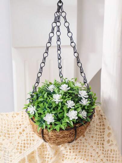 1pc Artificial Hanging Basket Bonsai Grass Ball, White Flowers, Optional Flower Basket, Hanging Basket Garden Decor, Pool Decor, PE Material, Artificial Plants, Spring/Summer Decor, Artificial Plants, Artificial Flowers, Realistic Plants, Tabletop Decor, Wedding Season, Easter, Garden Decor, Home Decor