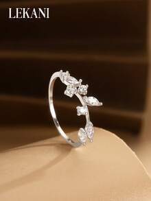 1 件 S925 纯银戒指，时尚藤叶设计，镶嵌方晶锆石，开口可调节戒指，优雅时尚的珠宝礼物，适合女性、母亲、女友、朋友、日常佩戴 - 白色 - 查看 5