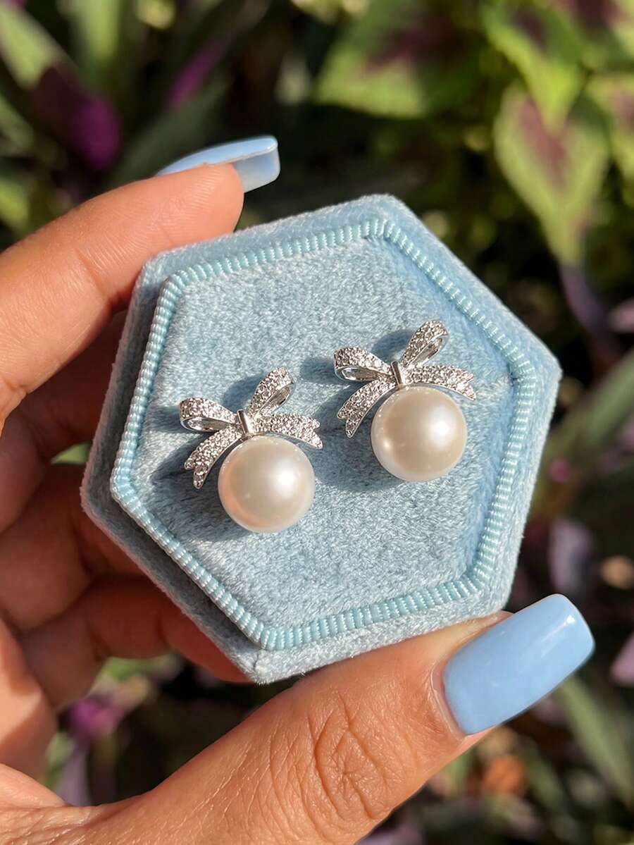 一对精致蝴蝶结珍珠耳环，S925纯银材质，优雅浪漫，女士耳环，高品质，生日礼物，周年纪念礼物，女友礼物 - 珍珠蝴蝶結耳環 - 查看 1