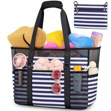 NEWHEY Extra-Large Foldable Waterproof Beach Bag, Handheld Tote Bag, Zippered Handbag, Suitable For Vacation, Swimming Pool, Picnic - Black - Multicolor - View 2