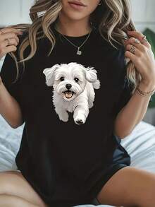 Women's Cute Puppy Print Blouse Soft Stretch Round Neck Casual H Line Top Machine Washable Spring Summer Fall Casual Attire With (Letter & Dog Pattern) Non Comfort Holiday Shoppers Streetwear Fashion Cartoon Print Breathable Material Round Neck Top Holiday Shoppers - 白色 - 查看 1