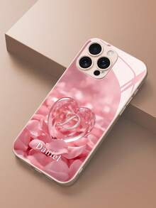 1pc Customizable Pink Heart Crystal Initial Name Phone Case, TPU Soft Edge + Tempered Glass Back, Compatible With Samsung S24 Ultra/S25 Ultra And Apple 17 Pro Max/16 Pro Max/15 Pro/14 Plus/13 Pro/12 Pro Max/11/Xs Max/8/7/6 Plus Phone Accessories - Pink - View 6