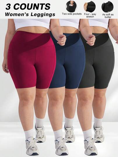 Bộ 3 quần short thể thao nữ dáng suông, nhẹ nhàng, cạp cao, co giãn, ôm bụng, có túi, thích hợp cho tập gym, chạy bộ và các hoạt động thể thao khác.