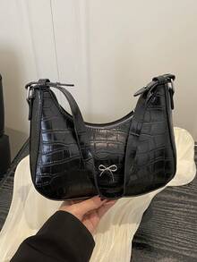 Bolso de hombro con lazo de moda, bolso de mano minimalista con textura de cocodrilo, bolso de sobaco con estilo - Negro - Ver 9