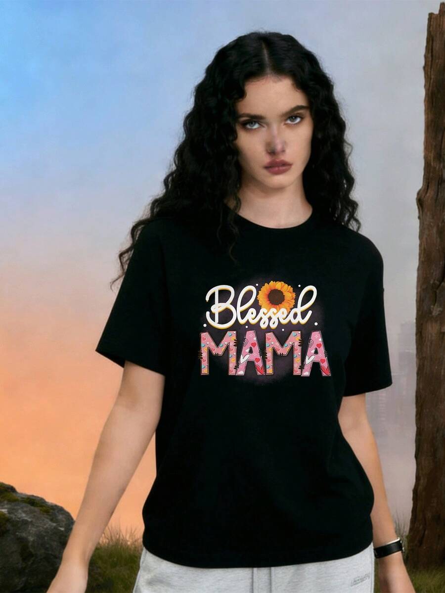 Camiseta de manga corta para mujer de algodon suave y transpirable con diseño de girasol y letras Mama en tonos rosa y amarillo ideal para uso casual diario comoda y fresca perfecta para - Negro - Ver 1