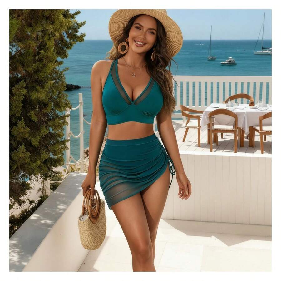 Teal Bikini Set For Women - 2 Piece Swimsuit With Mesh Sarong - Push Up Bathing Suit M - Tropical Beach Swimwear For Vacation, Summer, Pool - 多色184 - 查看 1