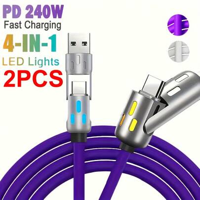 1/2 piezas Cargador USB multifuncional de 240W 4 en 1 con interfaz dual USB y Tipo C, con indicador LED, carga rápida que admite carga a alta velocidad de teléfonos móviles y tabletas, conexión a computadora, adaptable a múltiples dispositivos, todo en uno, carga rápida práctica (Morado), regalo del Día de la Mujer