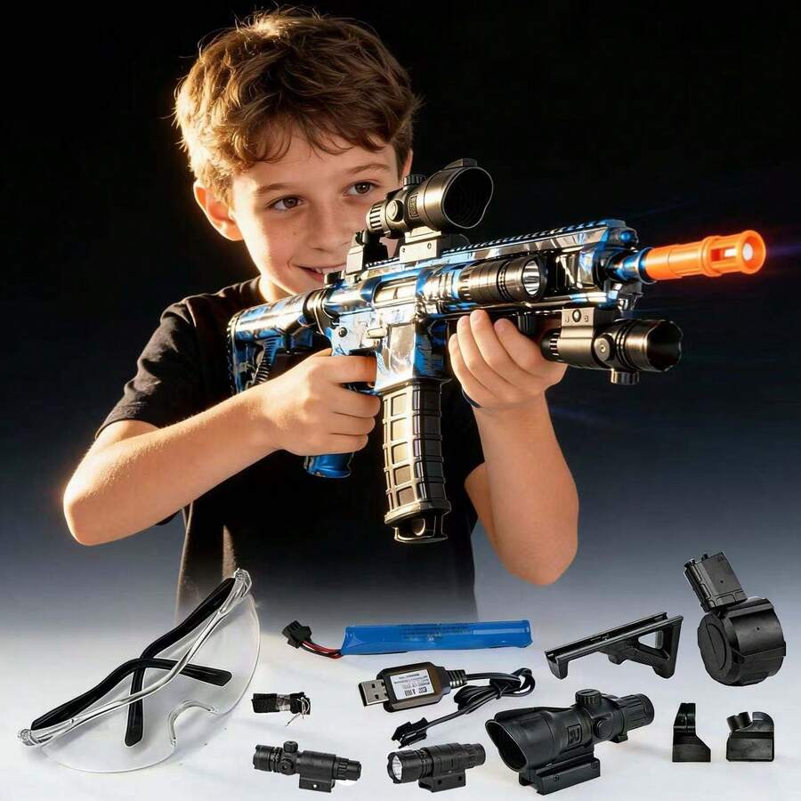 Electric Gel Ball Blaster With Manual And Electric Dual Mode, Includes Goggles, Drum, Holographic Sight, And Tactical Flashlight, Suitable For Backyard Fun And Outdoor Team Shooting Games. - Blue - View 1