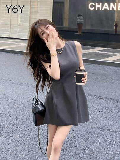  [Y6Y] ノースリーブカジュアルドレス、レディース用スウィートサマーファッションアウトフィット、ショートドレス